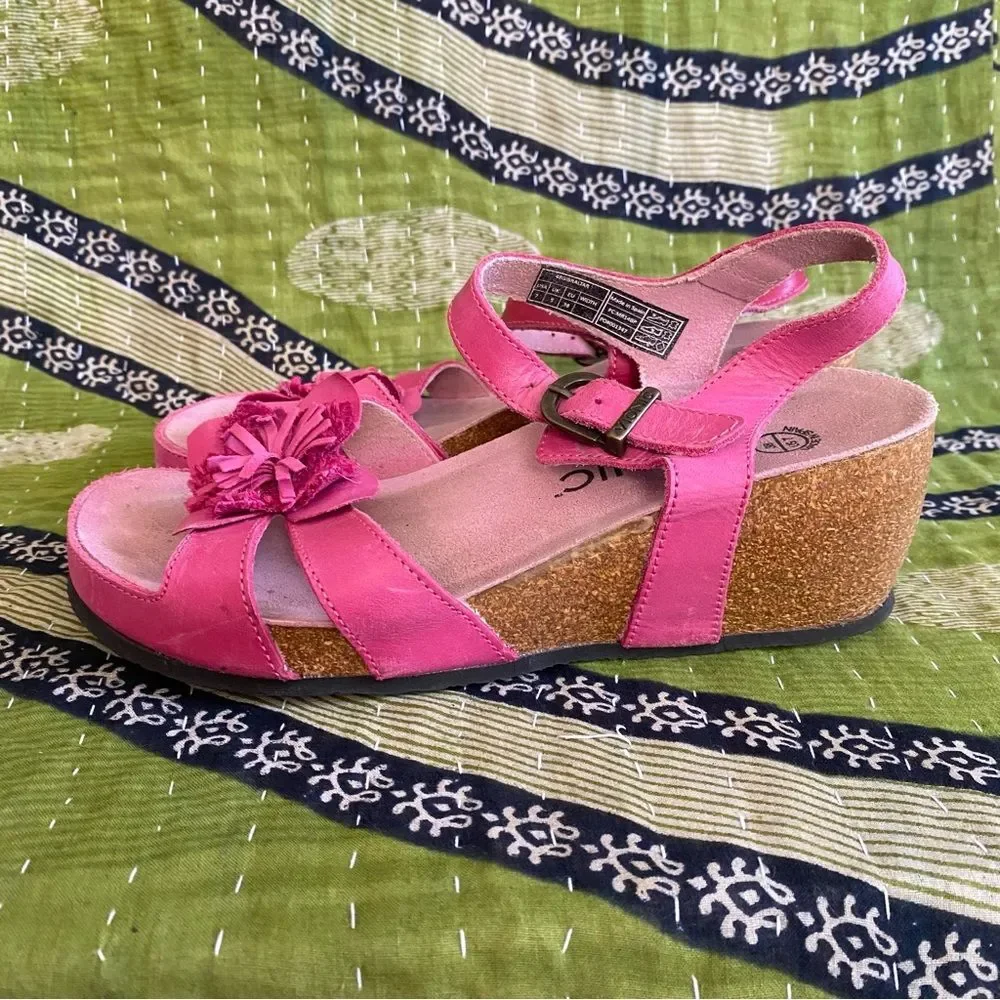 Vionic Pink Orthaheel Floral Strappy Leather Cork Wedge Heeled Sandals Size 7